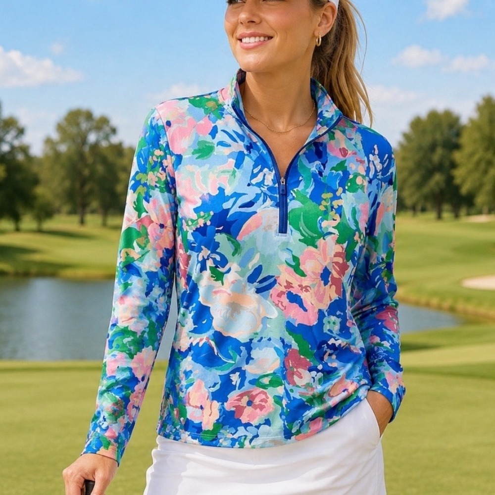 Walter Hagen Perf 11 Womens XXL Blue Gouache Floral UV Quarter Zip WGH11490P